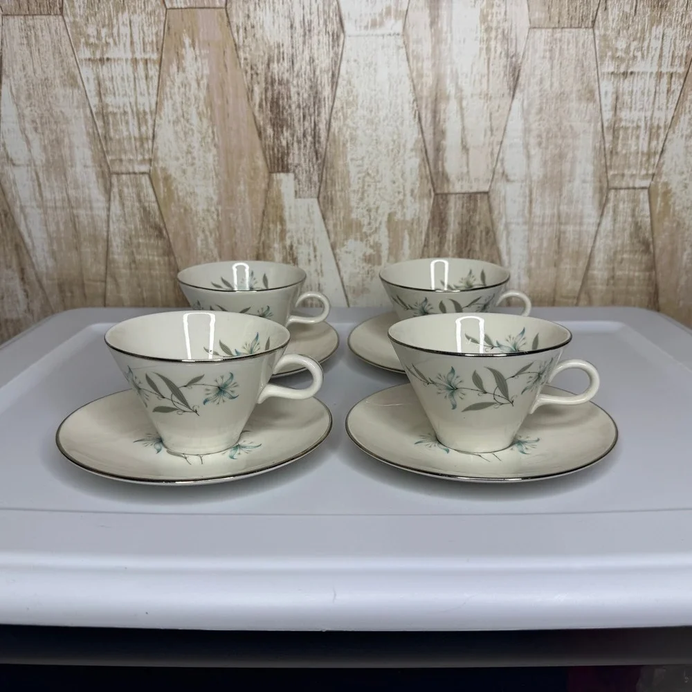 Vintage Homer Laughlin Triumph Cynthia Teacup & Saucer Set of 4 Silver Trim